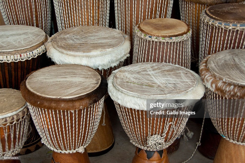 Typical leather covered wooden drums, called djembe, Banjul, Gambia