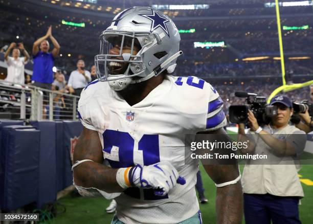 Ezekiel Elliott of the Dallas Cowboys celebrates a fourth quarter touchdown against the New York Giants at AT&T Stadium on September 16, 2018 in...
