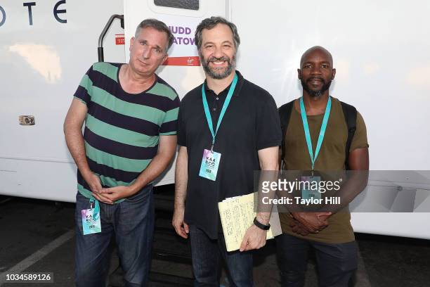Wayne Federman, Judd Apatow, and Ian Edwards pose backstage before performing during the 2018 KAABOO Del Mar Festival at Del Mar Fairgrounds on...