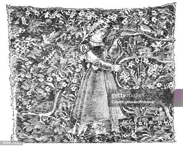 part of a tapestry depicting a woman in a garden (15th century) - tapestry stock illustrations