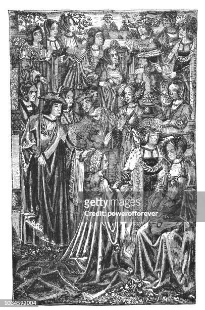 flemish chivalric romance tapestry (15th century) - tapestry stock illustrations