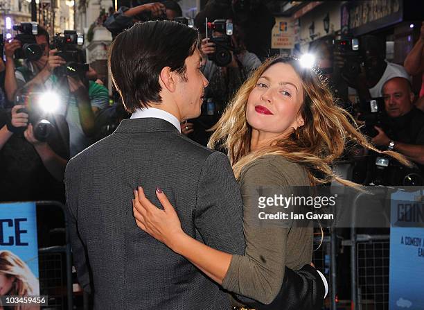 Actress Drew Barrymore and actor Justin Long attend the World Premiere of 'Going The Distance' at the Vue, Leicester Square on August 19, 2010 in...