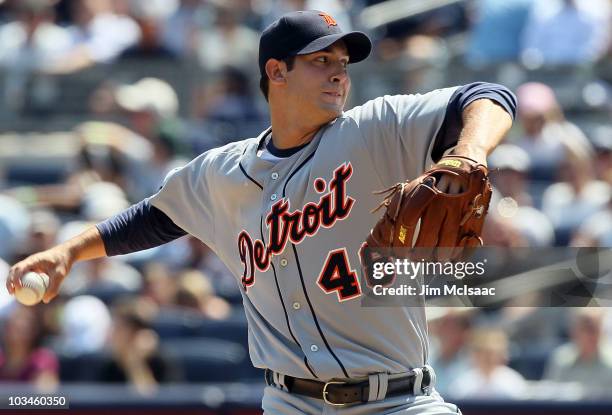 Rick Porcello of the Detroit Tigers delivers a pitch against the New York Yankees on August 19, 2010 at Yankee Stadium in the Bronx borough of New...