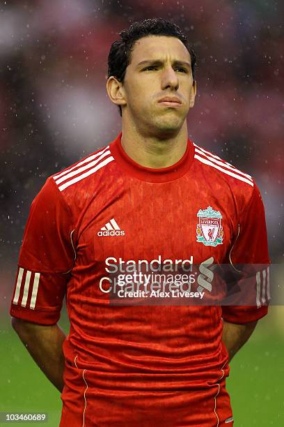 Maximiliano Rodriguez of Liverpool looks on prior to the UEFA Europa League play-off first leg match beteween Liverpool and Trabzonspor at Anfield on...