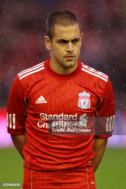 Joe Cole of Liverpool looks on prior to the UEFA Europa League play-off first leg match beteween Liverpool and Trabzonspor at Anfield on August 19,...