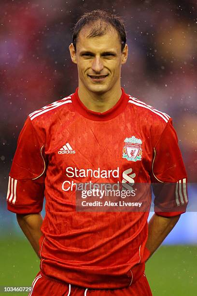 Milan Jovanovic of Liverpool looks on prior to the UEFA Europa League play-off first leg match beteween Liverpool and Trabzonspor at Anfield on...