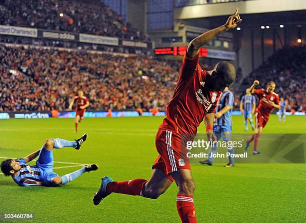 Ryan Babel of Liverpool celebrates scoring the first goal during the UEFA Europa League, Play off, first leg Qualifying match between Liverpool and...