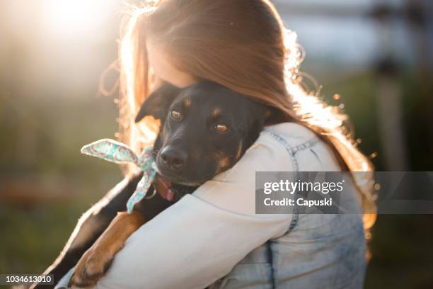 girl hugging her dog - animals cuddling stock pictures, royalty-free photos & images