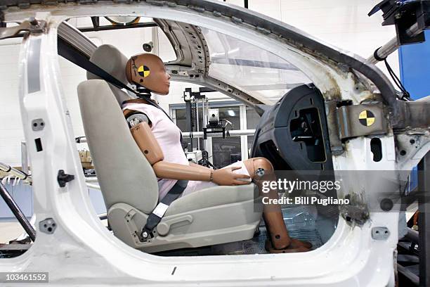 Crash-test dummy sits in a testing sled at Takata's current crash-testing facility August 19, 2010 in Auburn Hills, Michigan. Takata dedicated a new,...