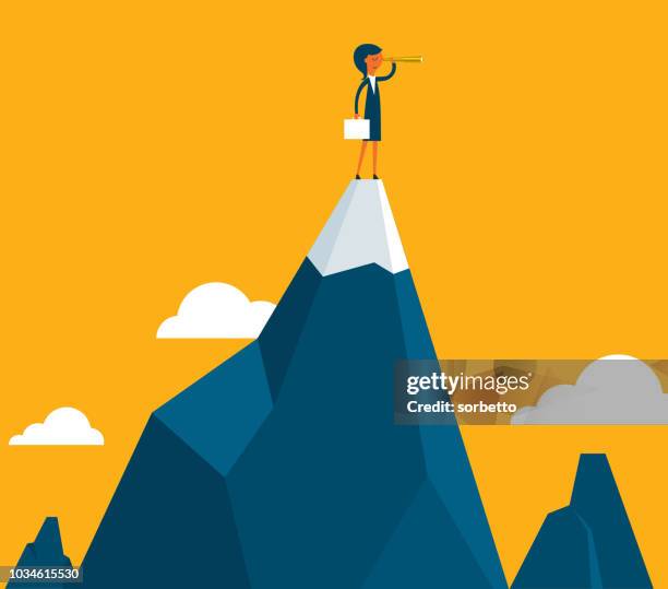 businesswoman standing on top of the mountain - chief executive officer stock illustrations