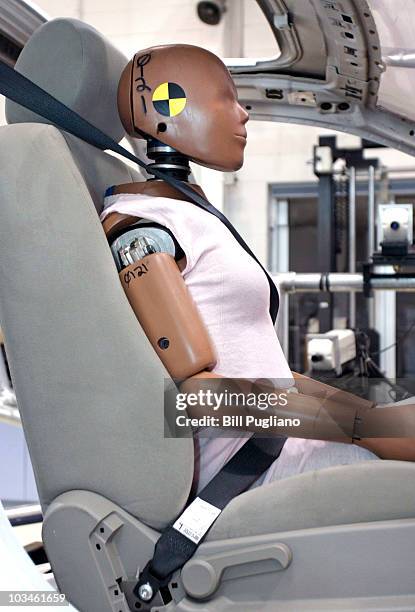 Crash-test dummy sits in a crash-testing sled at Takata's current crash-testing facility August 19, 2010 in Auburn Hills, Michigan. Takata dedicated...