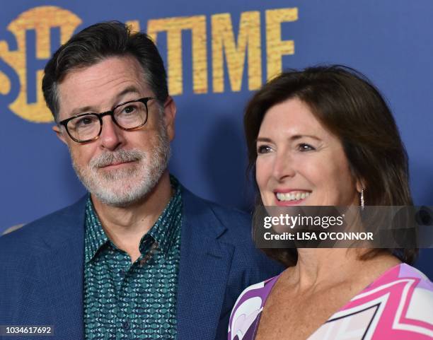Comedian and television host Stephen Colbert and his wife US actress Evelyn McGee-Colbert attend the Showtime Emmy Eve Nominees Celebration in Los...