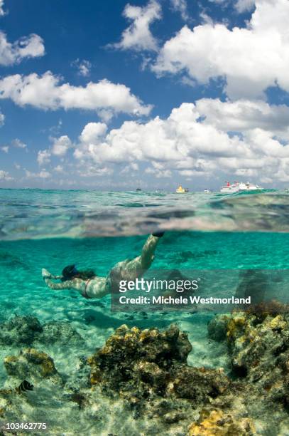 over-under of woman snorkeling and cruise ship  - cozumel mexico stock pictures, royalty-free photos & images