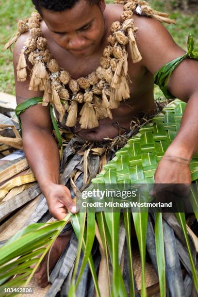 fijian man weaving mat - fiji stock pictures, royalty-free photos & images