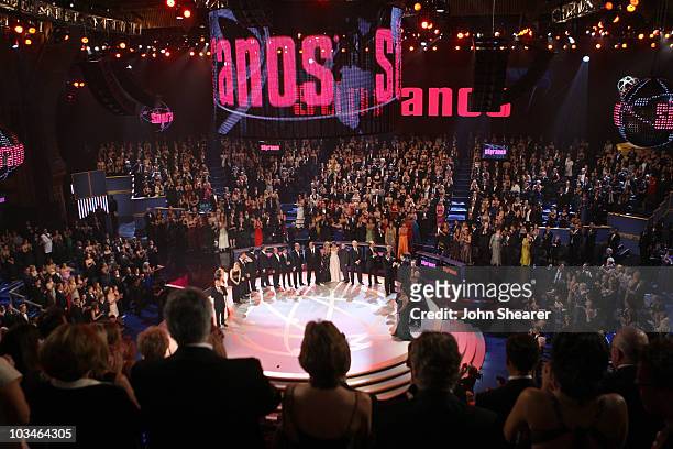 The cast and crew of The Sopranos accepts the Outstanding Drama Series award during the 59th Annual Primetime Emmy Awards at the Shrine Auditorium on...