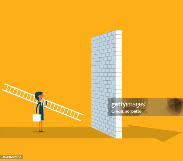 businesswoman standing in front of a large brick wall - banging your head against a wall stock illustrations