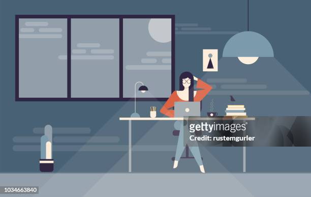 woman working in the office - library interior stock illustrations
