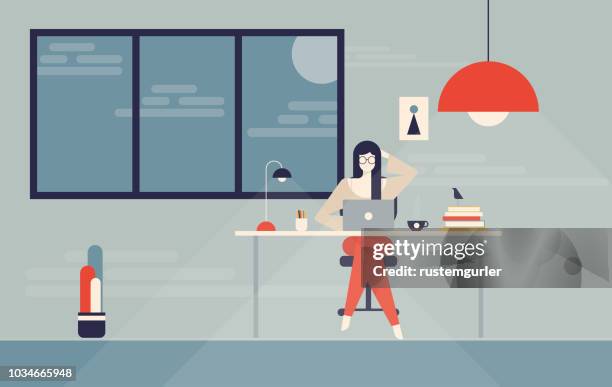 woman working in the office - office window stock illustrations