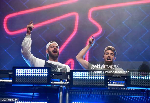 Alex Pall and Andrew Taggart of The Chainsmokers perform during the 2018 Grandoozy Festival at Overland Park Golf Course on September 16, 2018 in...