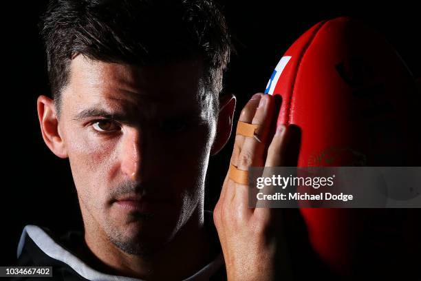 Scott Pendlebury of the Magpies poses during a Collingwood Magpies AFL media oportunity at Holden Centre on September 17, 2018 in Melbourne,...