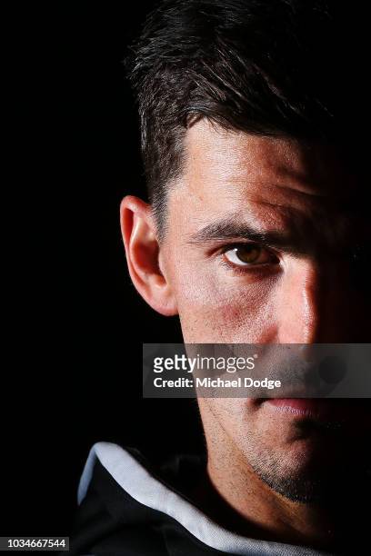 Scott Pendlebury of the Magpies poses during a Collingwood Magpies AFL media oportunity at Holden Centre on September 17, 2018 in Melbourne,...