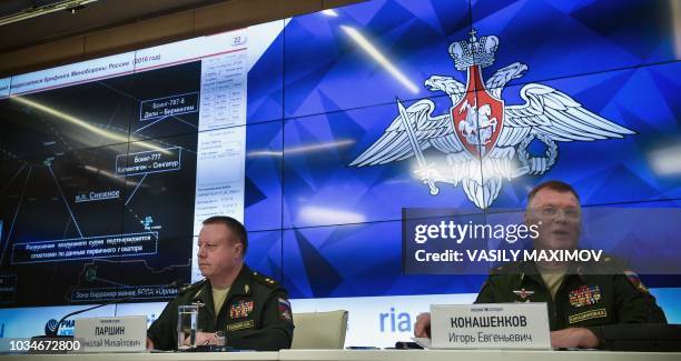 Russia's defence ministry spokesman Maj. Gen. Igor Konashenkov and the Chief of the Main Rocket and Artillery Department Lt. Gen. Nikolai Parshin...