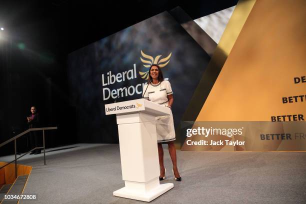 Anti-Brexit campaigner Gina Miller makes a speech at the Liberal Democrat Party Conference at the Brighton Centre on September 17, 2018 in Brighton,...