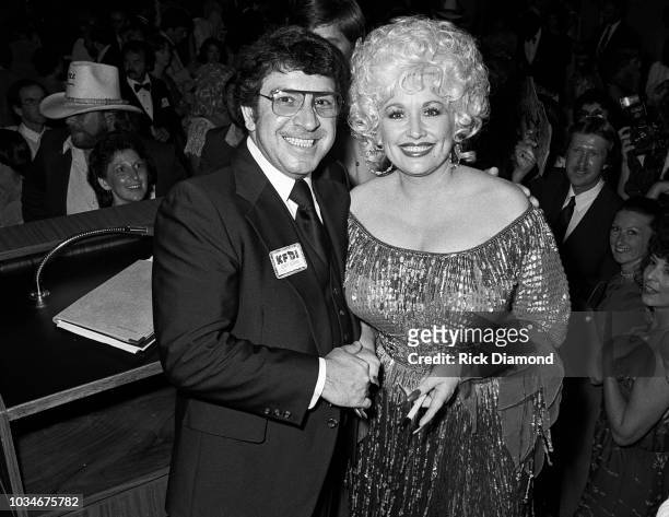 Nashville, Tn. KFDI Radio personality Jerry Adams and Singer/Songwriter/Actor Dolly Parton attend The Best Little Whorehouse In Texas premiere at...