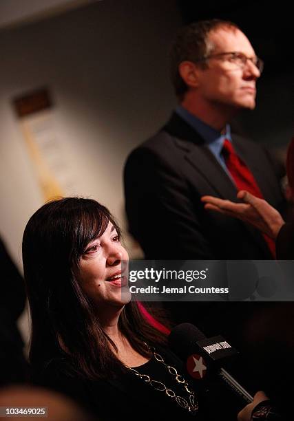 Playwright Lisa Loomer and director Mark Brokaw speak to the media at the opening night of "Distracted" at the Roundabout Theatre Company's Laura...