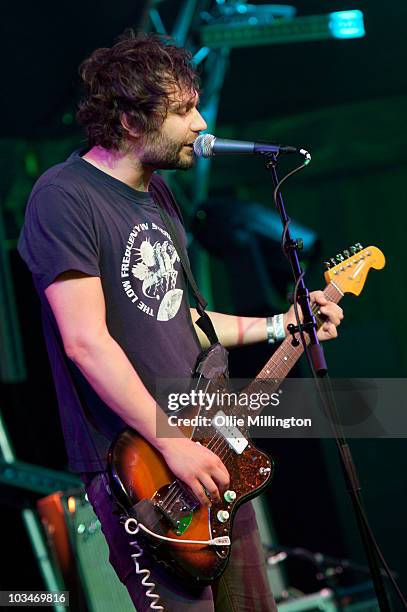 Richard Myklebust of The Megaphonic Thrift performs on stage during day one of the tenth Summer Sundae Weekender at De Montfort Hall And Gardens on...