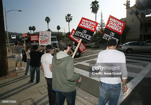 Union members protest outside NBC Studios on the first day of the WGA strike, November 5 in Burbank, California.