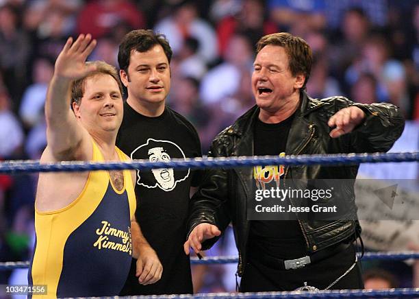 Cousin Sal Iacono from The Jimmy Kimmel Show, Jimmy Kimmel and wrestler Roddy Piper at WWE Friday Night SmackDown on June 3, 2008 at the Staples...