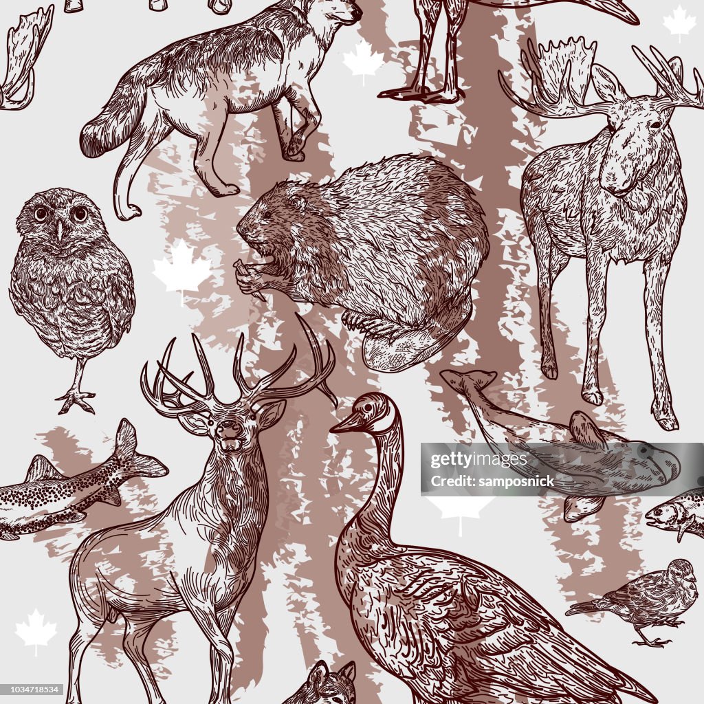 Canadiana Wildlife Seamless Pattern