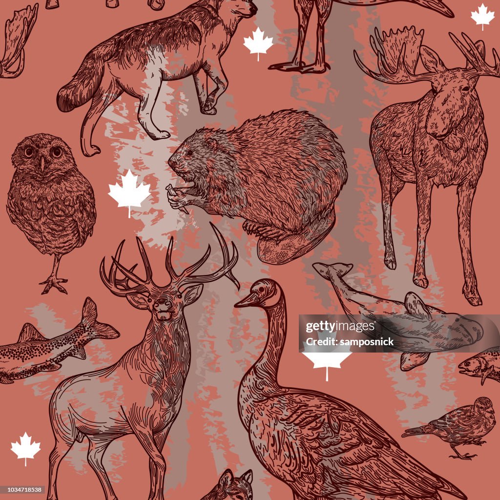 Canadiana Wildlife Seamless Pattern