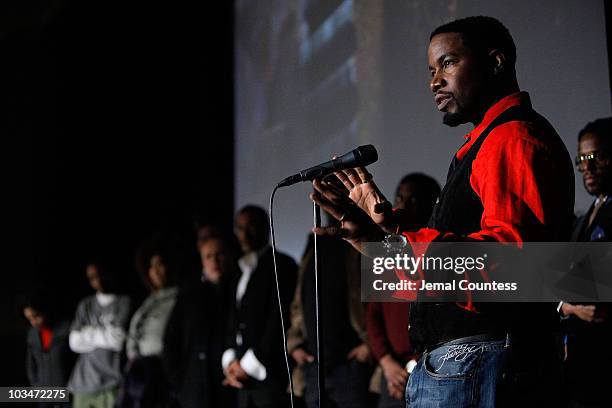 Actor Michael Jai White speaks on stage at the premiere of "Black Dynamite" during the 2009 Sundance Film Festival at Library Center Theatre on...