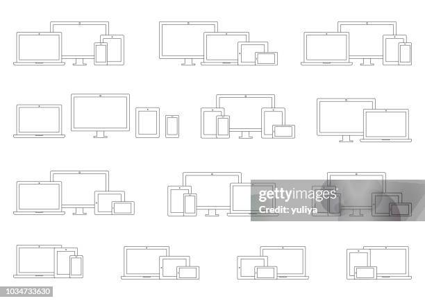 機器;ノート パソコン、モニター、テレビ、タブレット、スマート フォンのワイヤ フレーム アイコンを設定します - ワイヤーフレーム点のイラスト素材／クリップアート素材／マンガ素材／アイコン素材