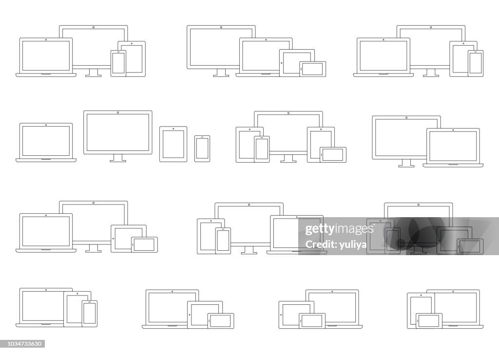 Technology Devices; Laptop, Computer Monitor, TV, Tablet, Smartphone Wireframe Icon Sets