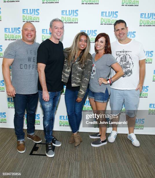 Geg T, Elvis Duran, Danielle Monaro and Skeery Jones pose with Cohost Medha Gandhi as she joins "The Elvis Duran Z100 Morning Show" at Z100 Studio on...