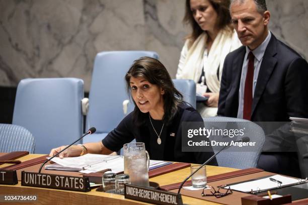 Ambassador to the U.N. Nikki Haley speaks during a meeting of the United Nations Security Council at UN headquarters, September 17, 2018 in New York...