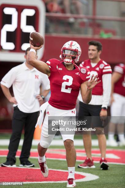 Nebraska QB Adrian Martinez warming up on field before game vs Akron at Memorial Stadium. Lincoln, NE 9/1/2018 CREDIT: David E. Klutho