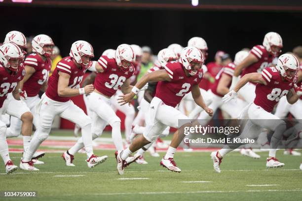 Nebraska QB Adrian Martinez taking field with teammates before game vs Akron at Memorial Stadium. Lincoln, NE 9/1/2018 CREDIT: David E. Klutho