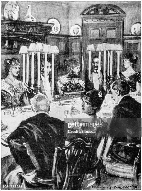 antique painting illustration: elegant people dinner - dining table stock illustrations