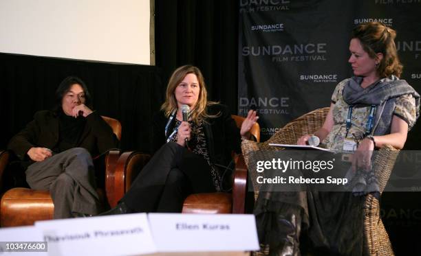 Director Thavisouk Phrasavath, Cinematographer Ellen Kuras and Moderator Cara Mertes attend the Work In Progress Panel at the Filmmaker Lodge during...