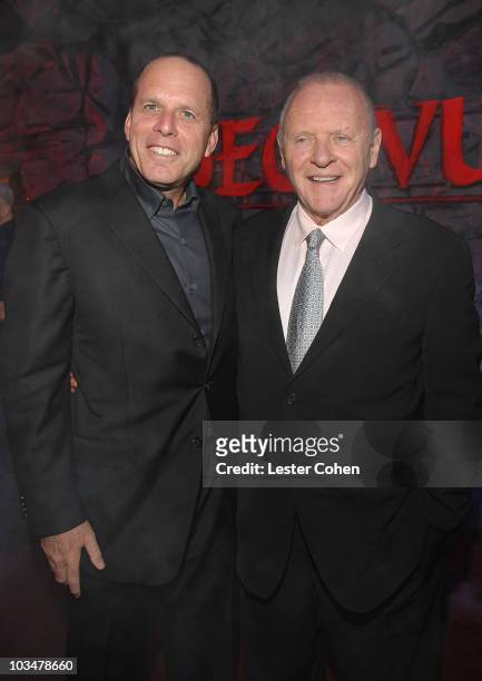 Producer Jack Rapke and actor Anthony Hopkins arrive at the Los Angeles Premiere of "Beowulf" at Westwood Village on November 5, 2007 in Weswood,...