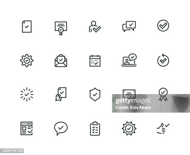 ilustraciones, imágenes clip art, dibujos animados e iconos de stock de aprobar el conjunto de iconos - serie de línea gruesa - applying