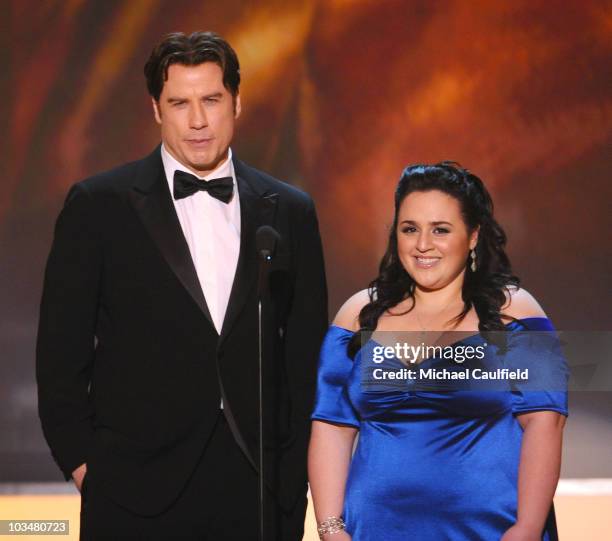 Actors John Travolta and Nikki Blonsky on stage at the TNT/TBS broadcast of the 14th Annual Screen Actors Guild Awards at the Shrine Auditorium on...