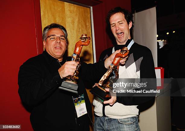 Directors Craig Saavedra and Matt Merkovich pose with their awards at the Awards Ceremony during the 5th annual Jackson Hole Film Festival on June 8,...