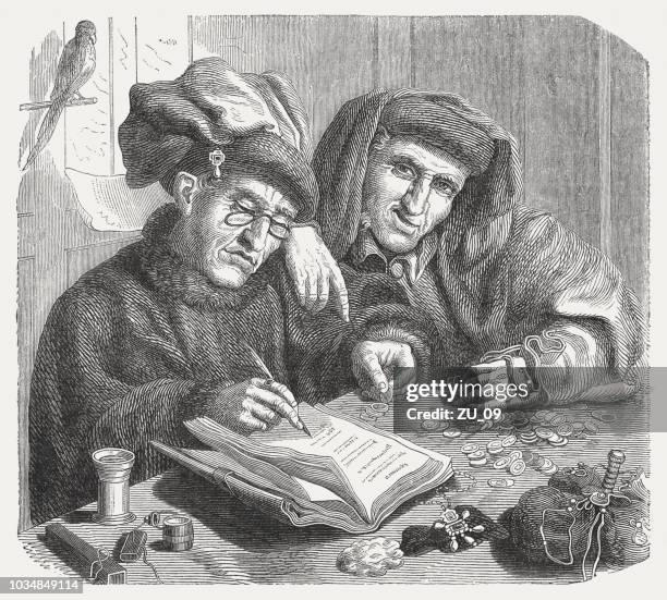 tax collectors, painted (late 1520s) by quinten massys, published 1876 - selfishness stock illustrations