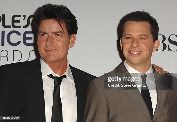 Actors Charlie Sheen and Jon Cryer pose in the press room at the 35th Annual People's Choice Awards held at the Shrine Auditorium on January 7, 2009...