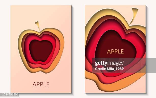 two cards in paper cut style with apple, minimal template design. abstract paper waves, layers, 3d art. - cutting food stock illustrations